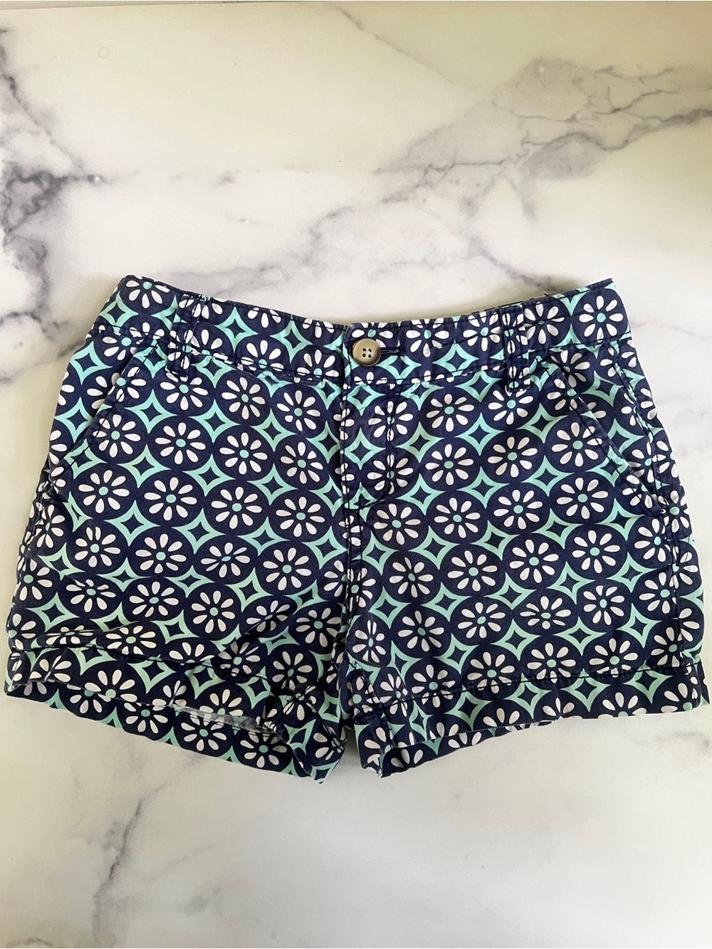 Old Navy Girls' Printed Geometric Floral Shorts, Navy/Teal/White, Size 10